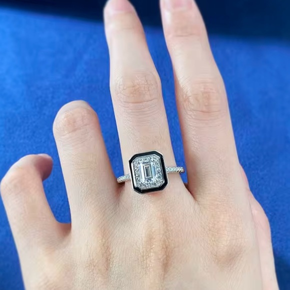 S925 Sterling Silver Black Enamel Square Cubic Zirconia Ring Statement Piece - Picture 11 of 12